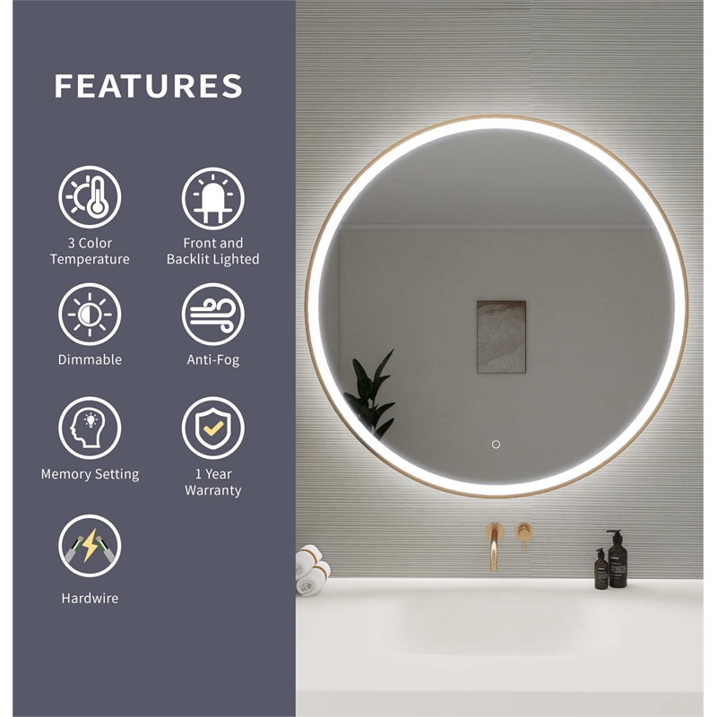 Elegant Kitchen and Bath 39 Round Led Front & Backlit Wall Mirror in Satin Gold