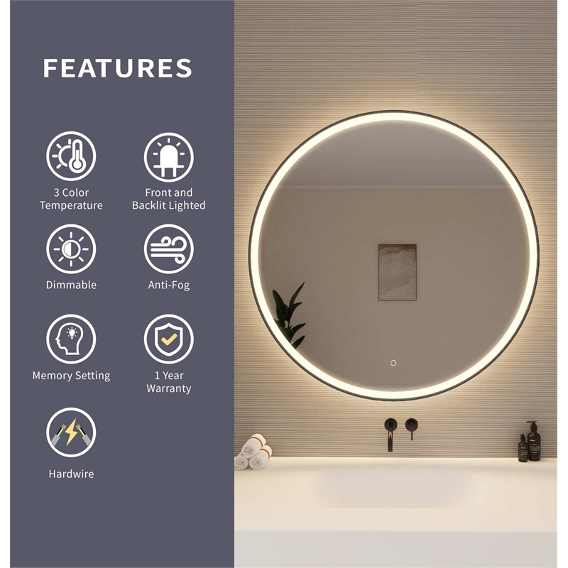 Elegant Kitchen and Bath 42 Round Led Front and Backlit Wall Mirror in Black
