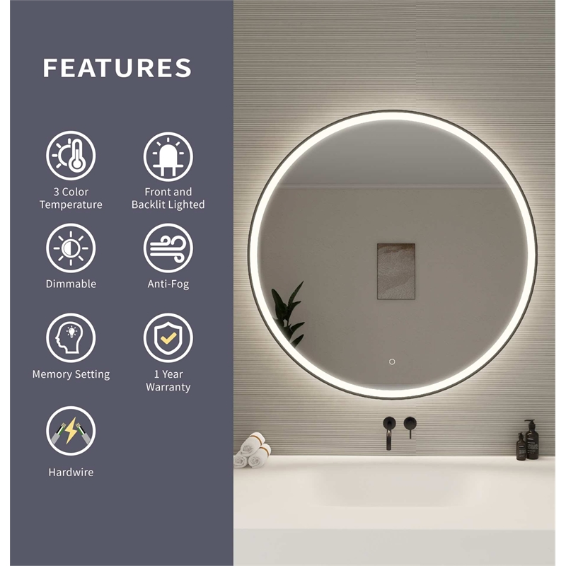 Elegant Kitchen and Bath 42 Round Led Front and Backlit Wall Mirror in Black