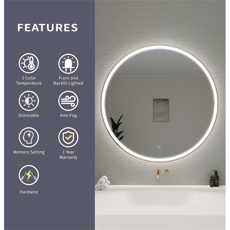 Elegant Kitchen and Bath 42 Round Led Front & Backlit Wall Mirror in Satin Gold