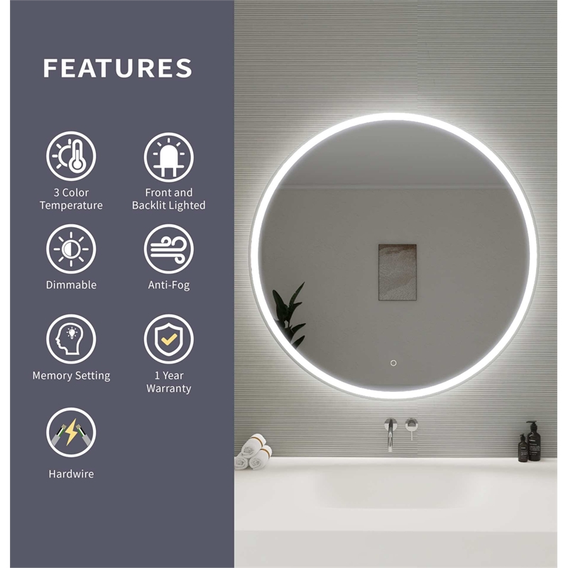 Elegant Kitchen and Bath 42 Round Led Front and Backlit Wall Mirror in Silver