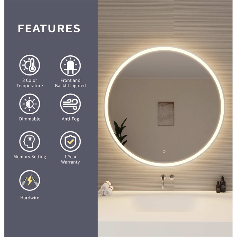 Elegant Kitchen and Bath 42 Round Led Front and Backlit Wall Mirror in Silver