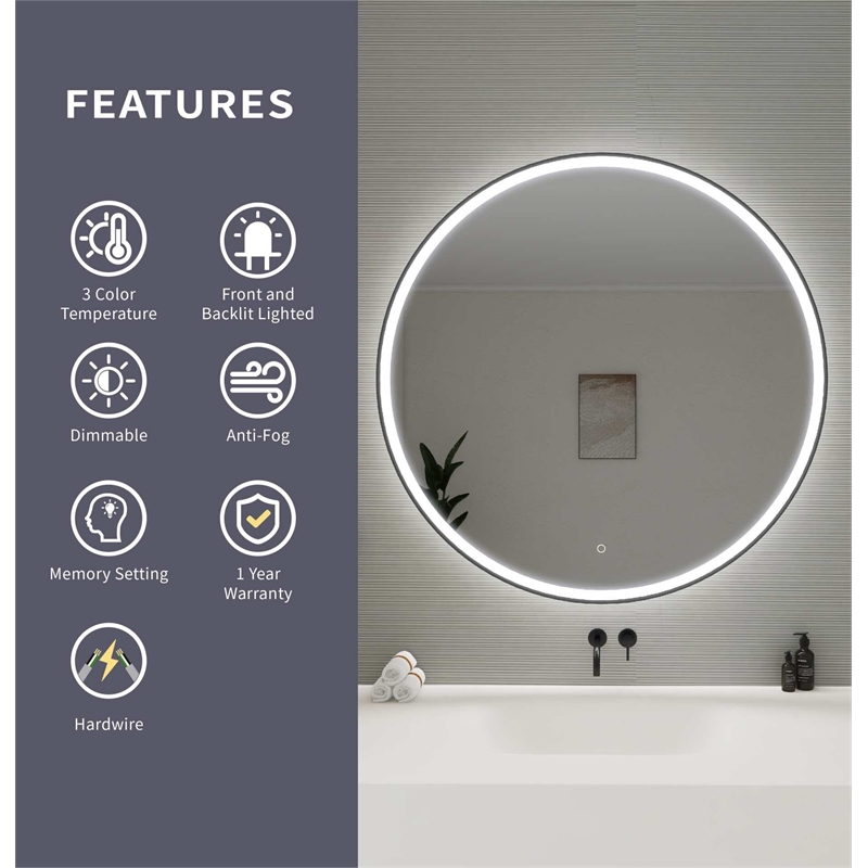 Elegant Kitchen and Bath 45 Round Led Front and Backlit Wall Mirror in Black