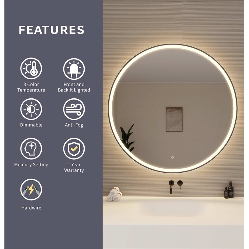 Elegant Kitchen and Bath 45 Round Led Front and Backlit Wall Mirror in Black