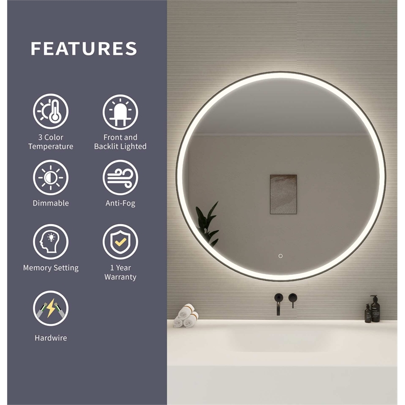 Elegant Kitchen and Bath 45 Round Led Front and Backlit Wall Mirror in Black