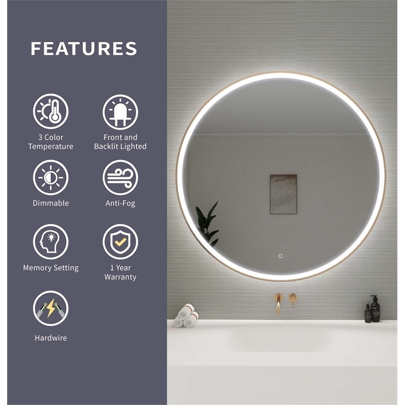 Elegant Kitchen and Bath 45 Round Led Front & Backlit Wall Mirror in Satin Gold