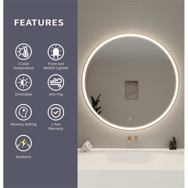 Elegant Kitchen and Bath 45 Round Led Front & Backlit Wall Mirror in Satin Gold
