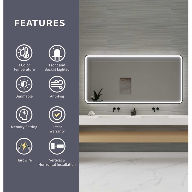 Elegant Kitchen and Bath 72 Round Led Front and Backlit Wall Mirror in Black