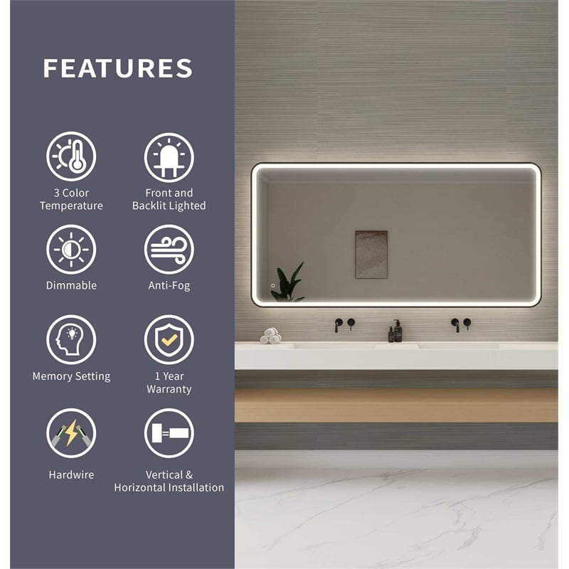 Elegant Kitchen and Bath 72 Round Led Front and Backlit Wall Mirror in Black