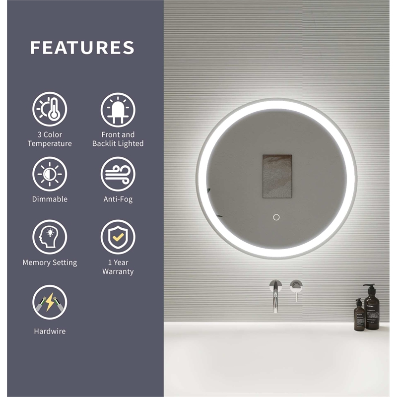 Elegant Kitchen and Bath 21 Round Led Front and Backlit Wall Mirror in Silver