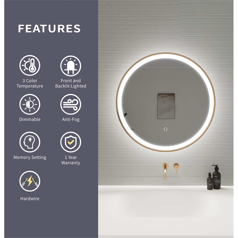 Elegant Kitchen and Bath 24 Round Led Front & Backlit Wall Mirror in Satin Gold