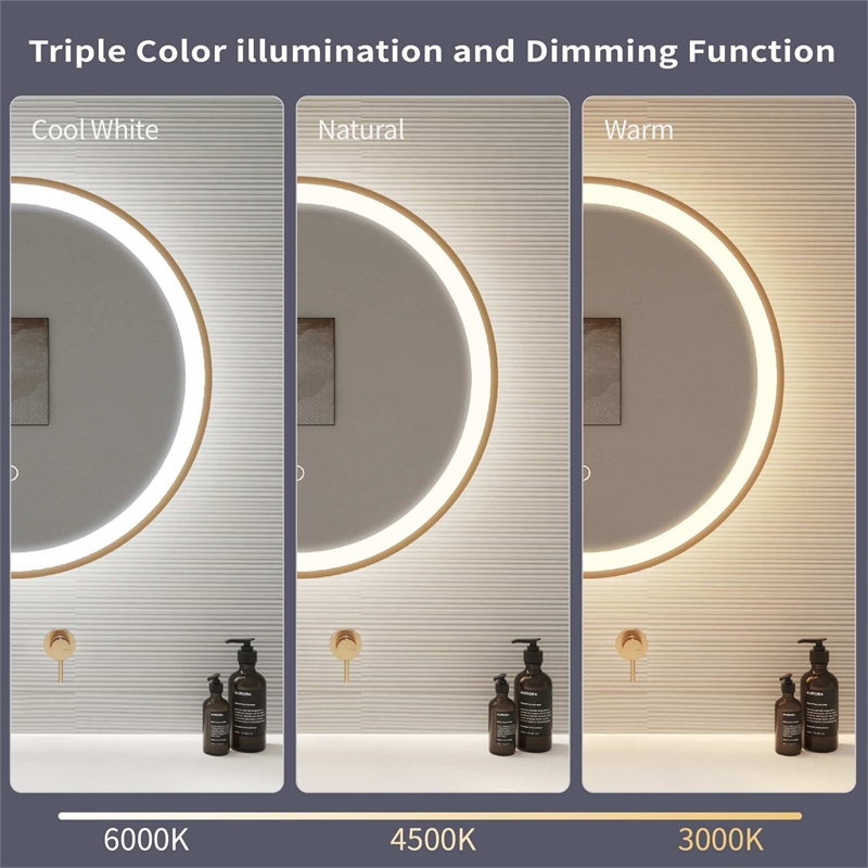 Elegant Kitchen and Bath 24 Round Led Front & Backlit Wall Mirror in Satin Gold