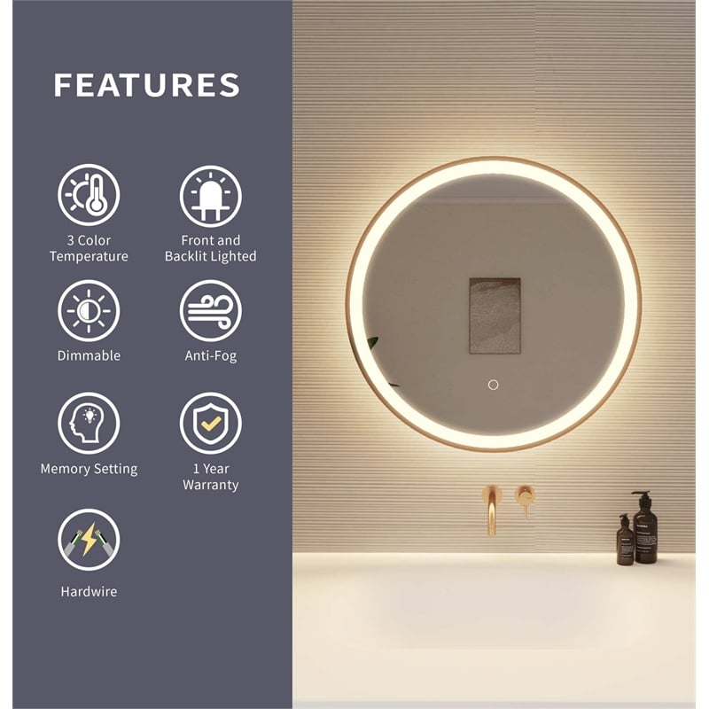 Elegant Kitchen and Bath 24 Round Led Front & Backlit Wall Mirror in Satin Gold