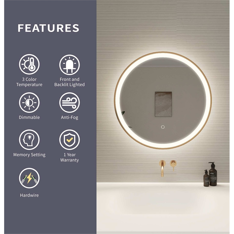 Elegant Kitchen and Bath 24 Round Led Front & Backlit Wall Mirror in Satin Gold