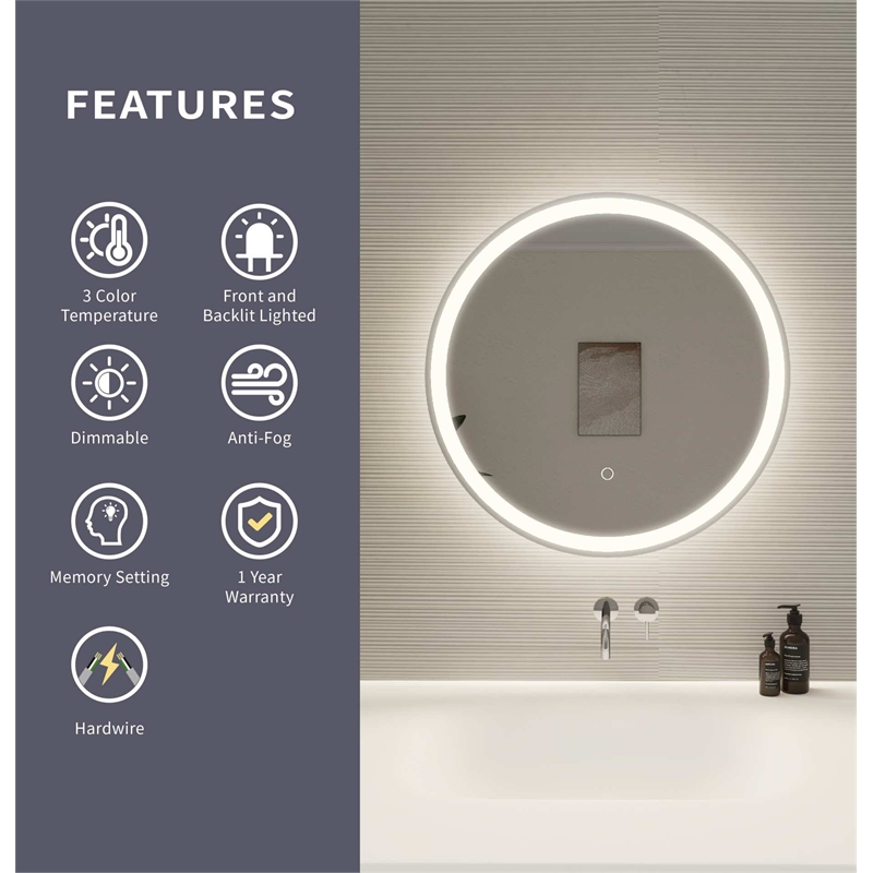 Elegant Kitchen and Bath 24 Round Led Front and Backlit Wall Mirror in Silver