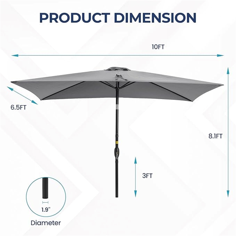 6.5 x 10 ft Gray Rectangular Patio Umbrella - Crank - Tilt - Polyester