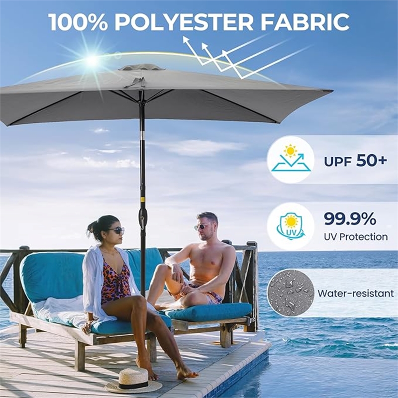 6.5 x 10 ft Gray Rectangular Patio Umbrella - Crank - Tilt - Polyester
