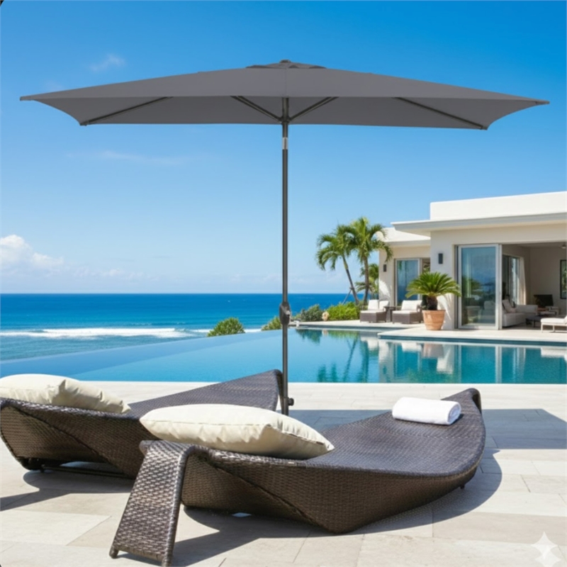6.5 x 10 ft Gray Rectangular Patio Umbrella - Crank - Tilt - Polyester