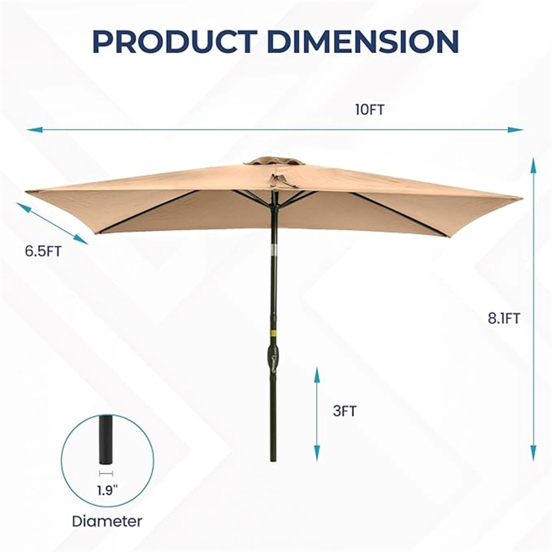 6.5 x 10 ft Khaki Rectangular Patio Umbrella - Crank - Tilt - Polyester
