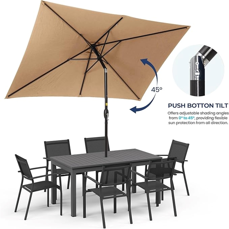 6.5 x 10 ft Khaki Rectangular Patio Umbrella - Crank - Tilt - Polyester
