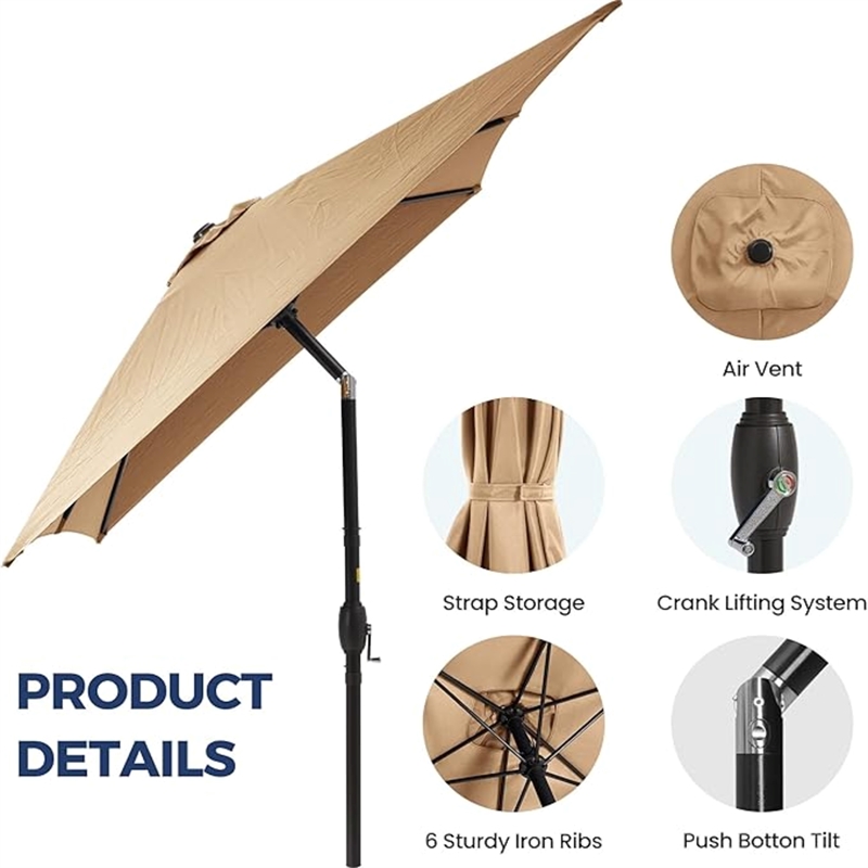 6.5 x 10 ft Khaki Rectangular Patio Umbrella - Crank - Tilt - Polyester