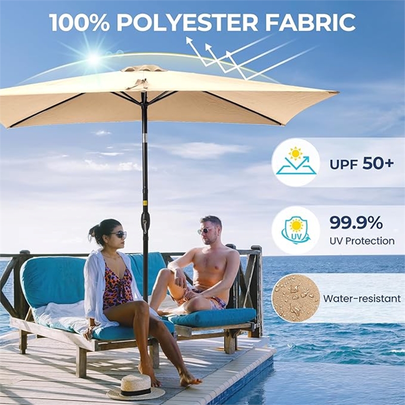 6.5 x 10 ft Khaki Rectangular Patio Umbrella - Crank - Tilt - Polyester