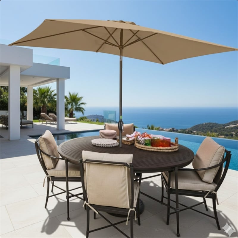 6.5 x 10 ft Khaki Rectangular Patio Umbrella - Crank - Tilt - Polyester