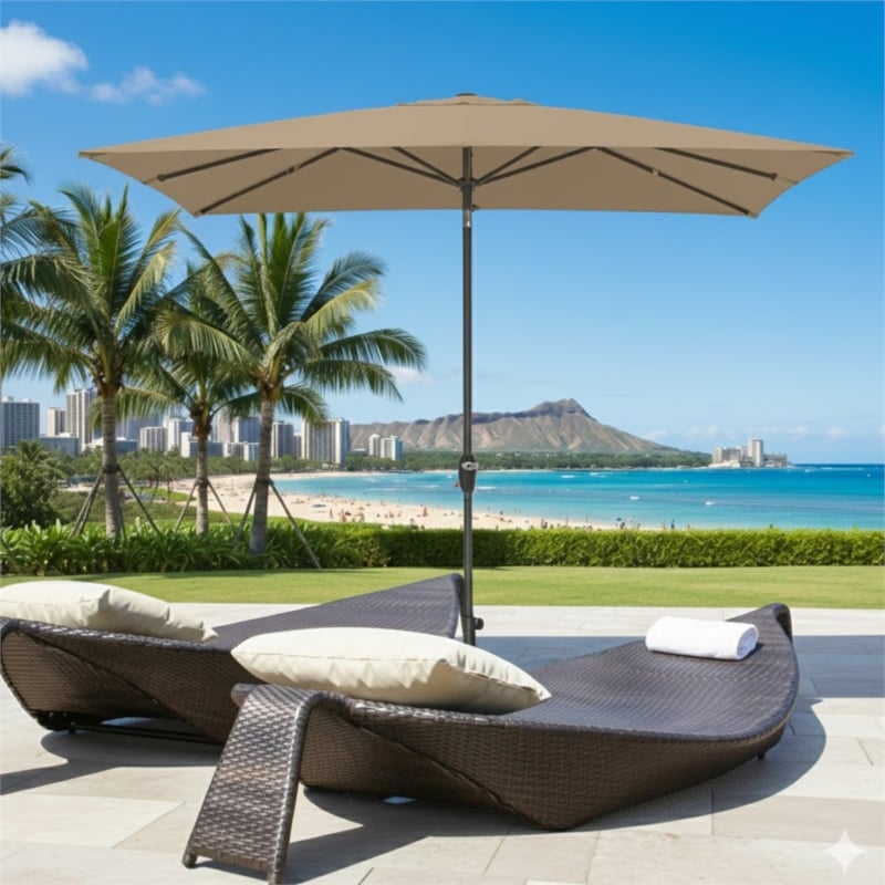 6.5 x 10 ft Khaki Rectangular Patio Umbrella - Crank - Tilt - Polyester