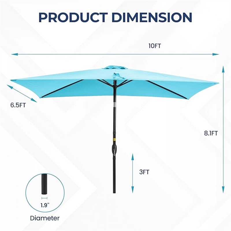 6.5 x 10 ft Turquoise Rectangular Patio Umbrella - Crank - Tilt - Polyester