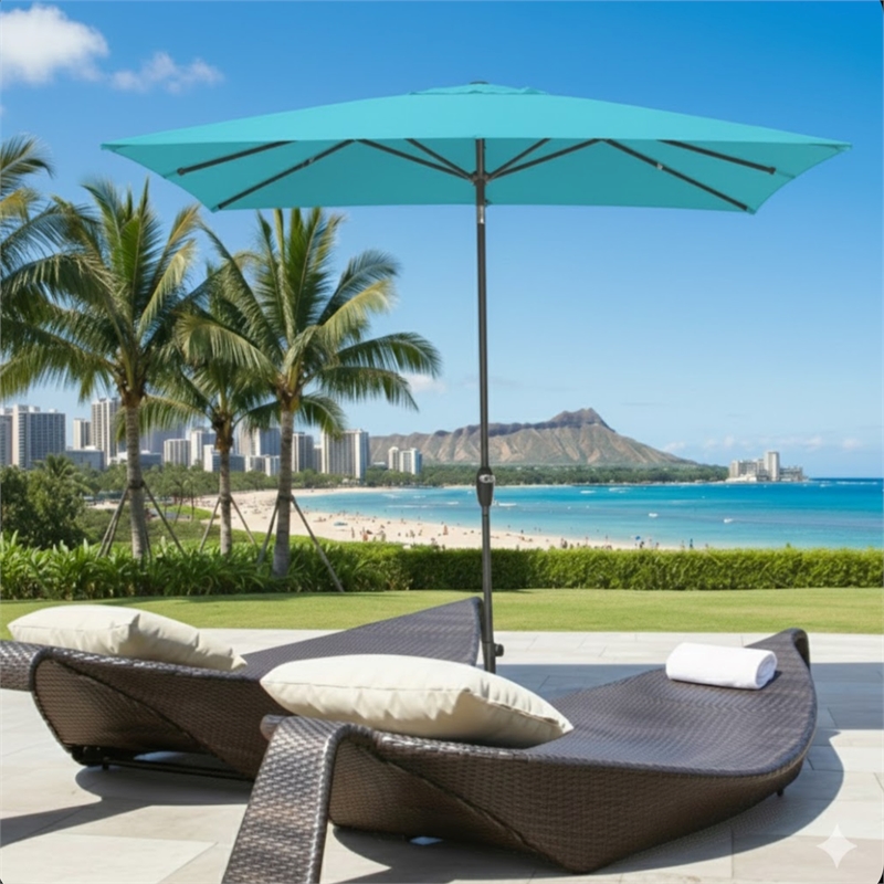 6.5 x 10 ft Turquoise Rectangular Patio Umbrella - Crank - Tilt - Polyester