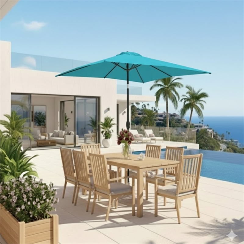 6.5 x 10 ft Turquoise Rectangular Patio Umbrella - Crank - Tilt - Polyester