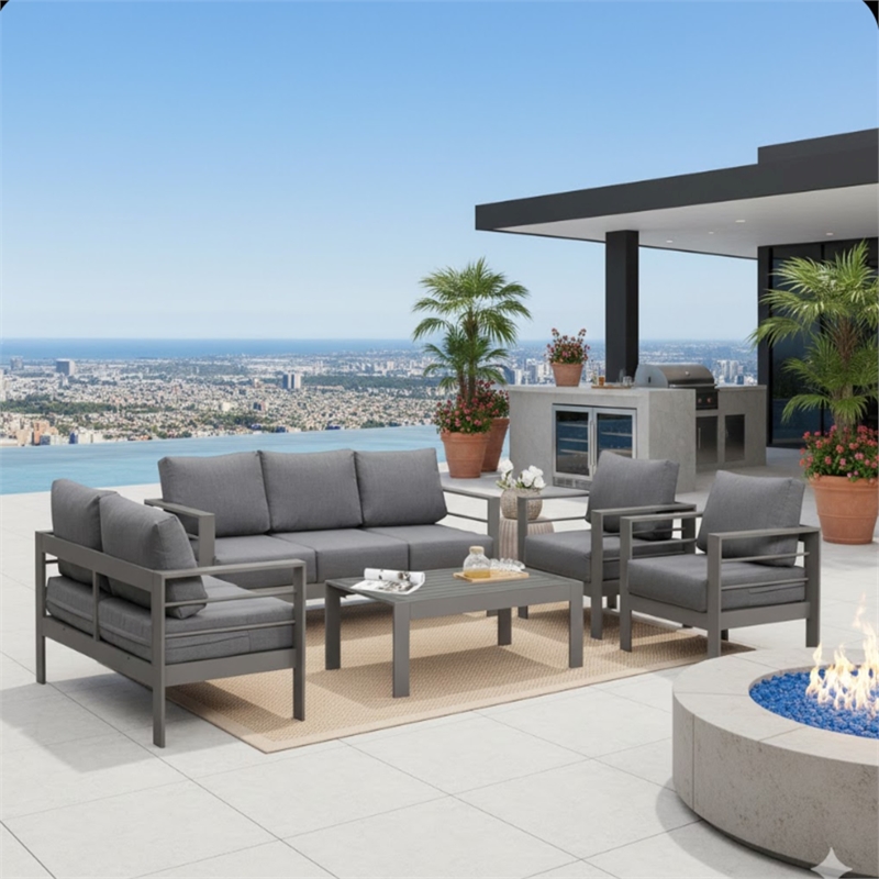 5-Piece Modern Aluminum Patio Conversation Set - 7-Seat Outdoor - Dark Gray