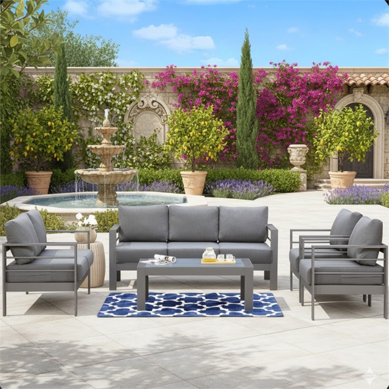 5-Piece Modern Aluminum Patio Conversation Set - 7-Seat Outdoor - Dark Gray