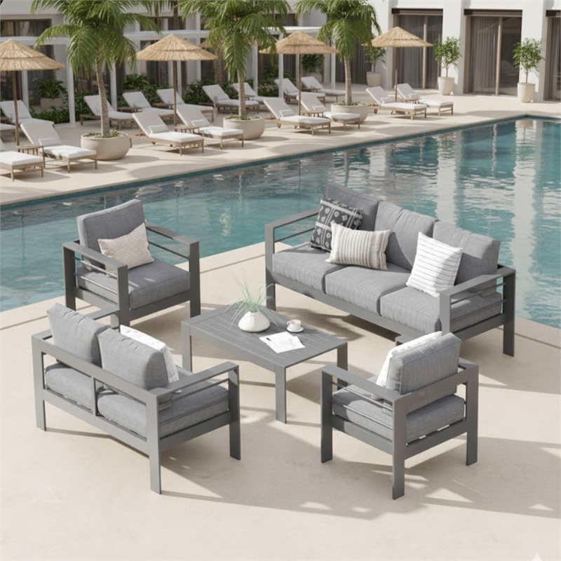 5-Piece Modern Aluminum Patio Conversation Set - 7-Seat Outdoor - Dark Gray