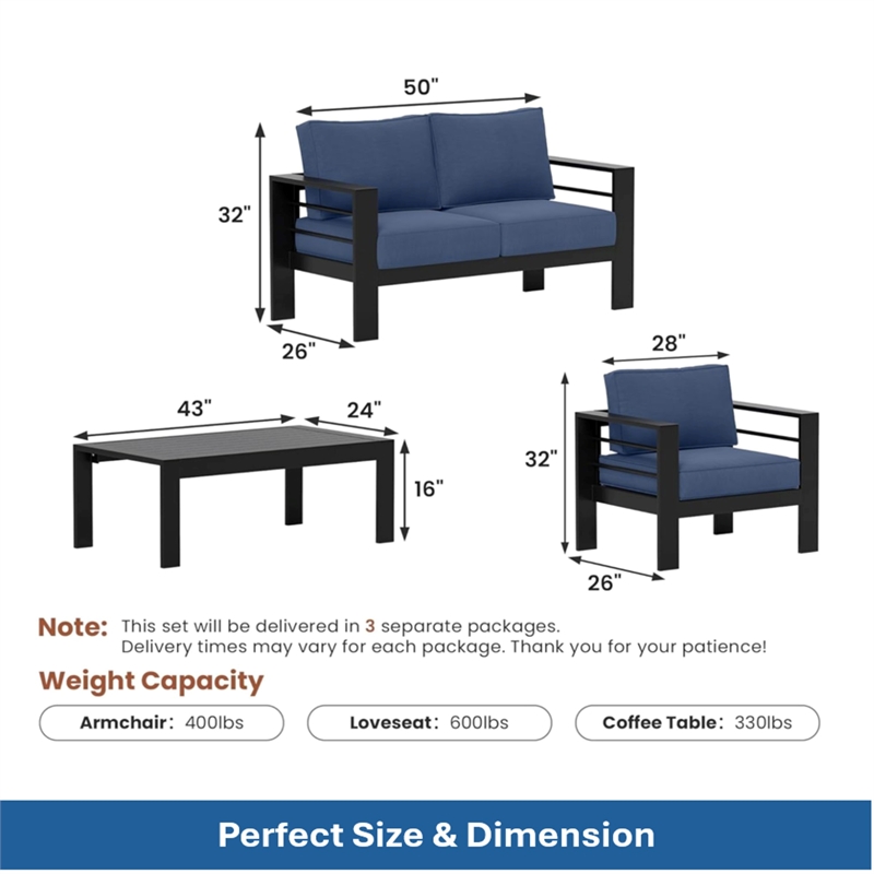 4-Piece Modern Aluminum Patio Conversation Set - 4-Seat Outdoor - Blue