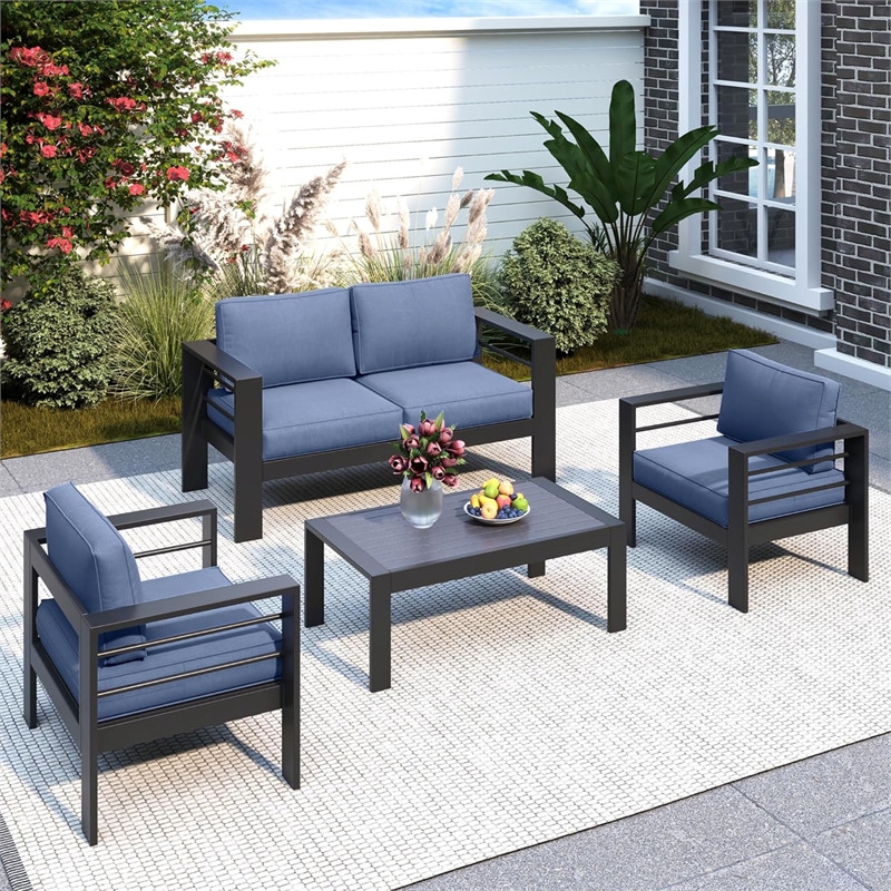4-Piece Modern Aluminum Patio Conversation Set - 4-Seat Outdoor - Blue