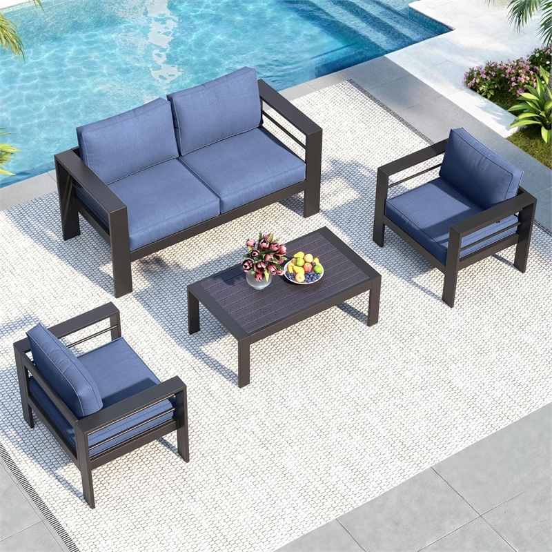 4-Piece Modern Aluminum Patio Conversation Set - 4-Seat Outdoor - Blue