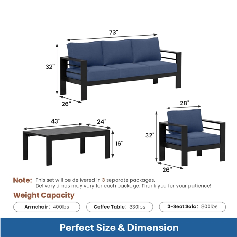 4-Piece Modern Aluminum Patio Conversation Set - 5-Seat Outdoor - Blue