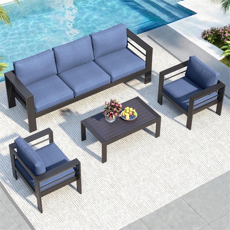 4-Piece Modern Aluminum Patio Conversation Set - 5-Seat Outdoor - Blue