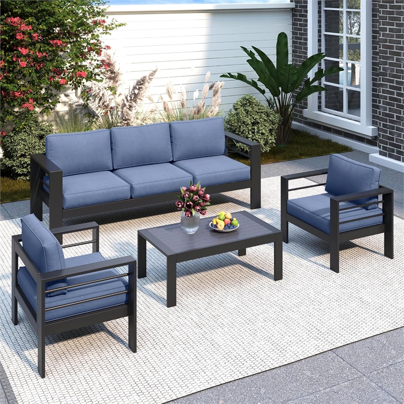 4-Piece Modern Aluminum Patio Conversation Set - 5-Seat Outdoor - Blue