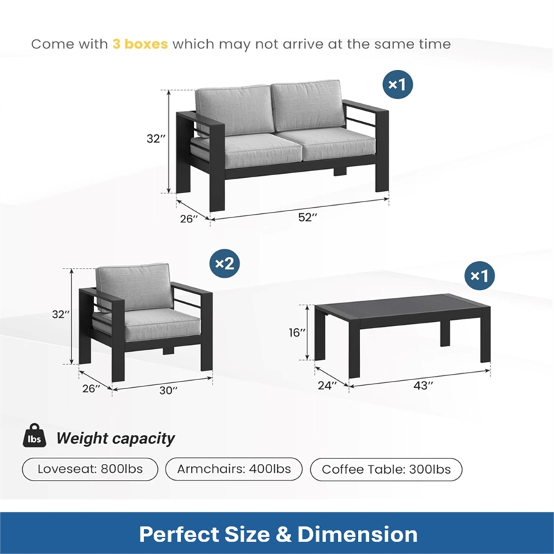 4-Piece Modern Aluminum Patio Conversation Set - 4-Seat - Light Gray