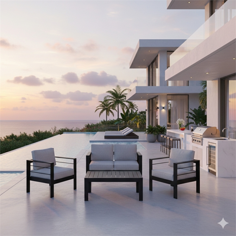4-Piece Modern Aluminum Patio Conversation Set - 4-Seat - Light Gray