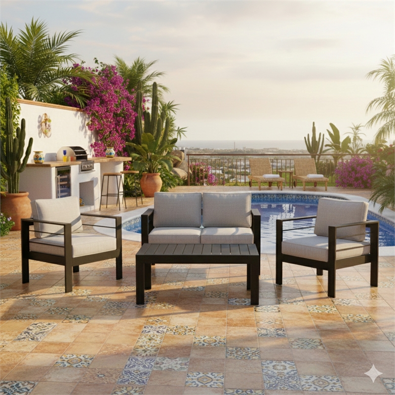 4-Piece Modern Aluminum Patio Conversation Set - 4-Seat - Light Gray