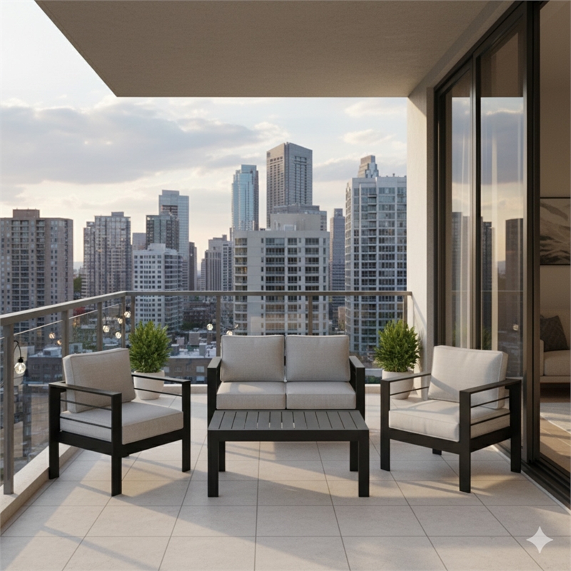 4-Piece Modern Aluminum Patio Conversation Set - 4-Seat - Light Gray