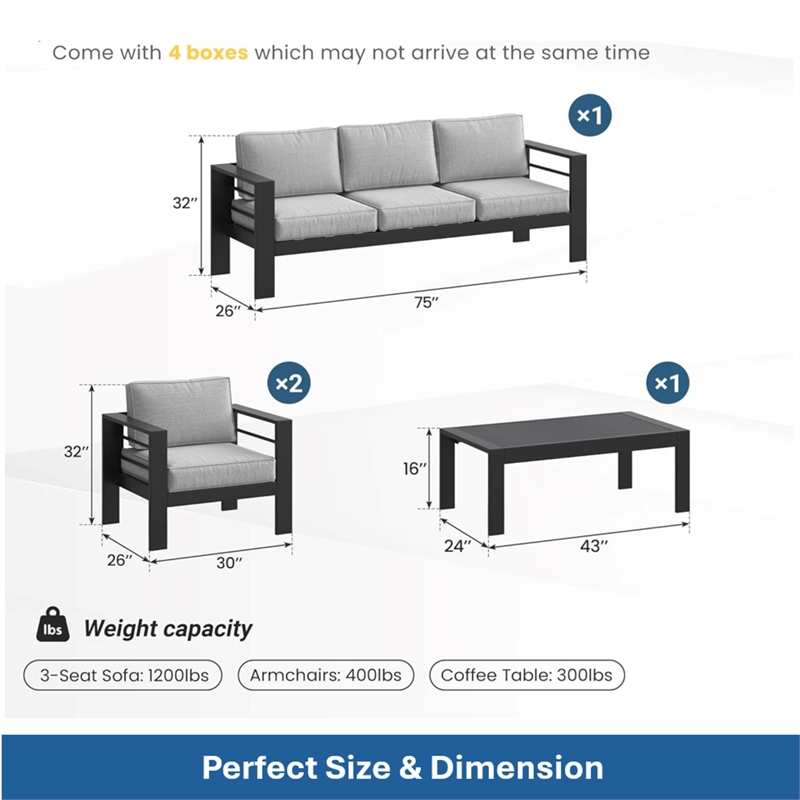 4-Piece Modern Aluminum Patio Conversation Set - 5-Seat - Light Gray