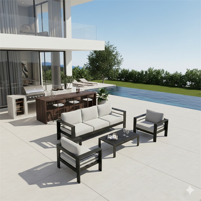 4-Piece Modern Aluminum Patio Conversation Set - 5-Seat - Light Gray