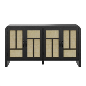 59&quot Wide Black Rattan Sideboard Buffet Cabinet - 4 Doors