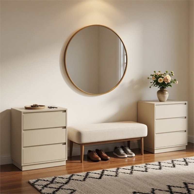 23.6 Wide Beige Large Morden Wood Nightstand with 3 Drawers (Set of 2)