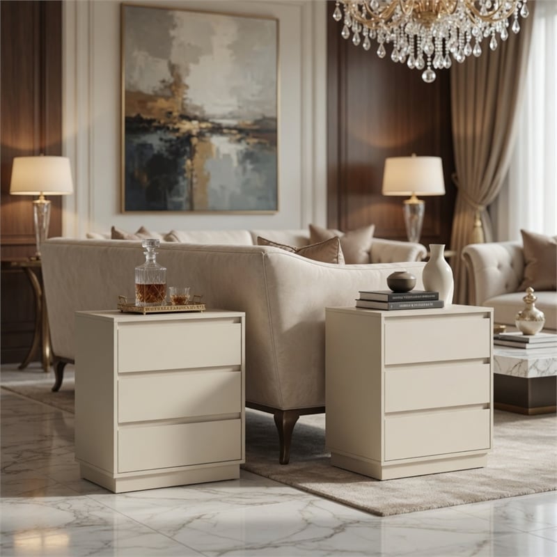 23.6 Wide Beige Large Morden Wood Nightstand with 3 Drawers (Set of 2)