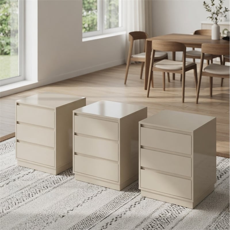 23.6 Wide Beige Large Morden Wood Nightstand with 3 Drawers (Set of 2)